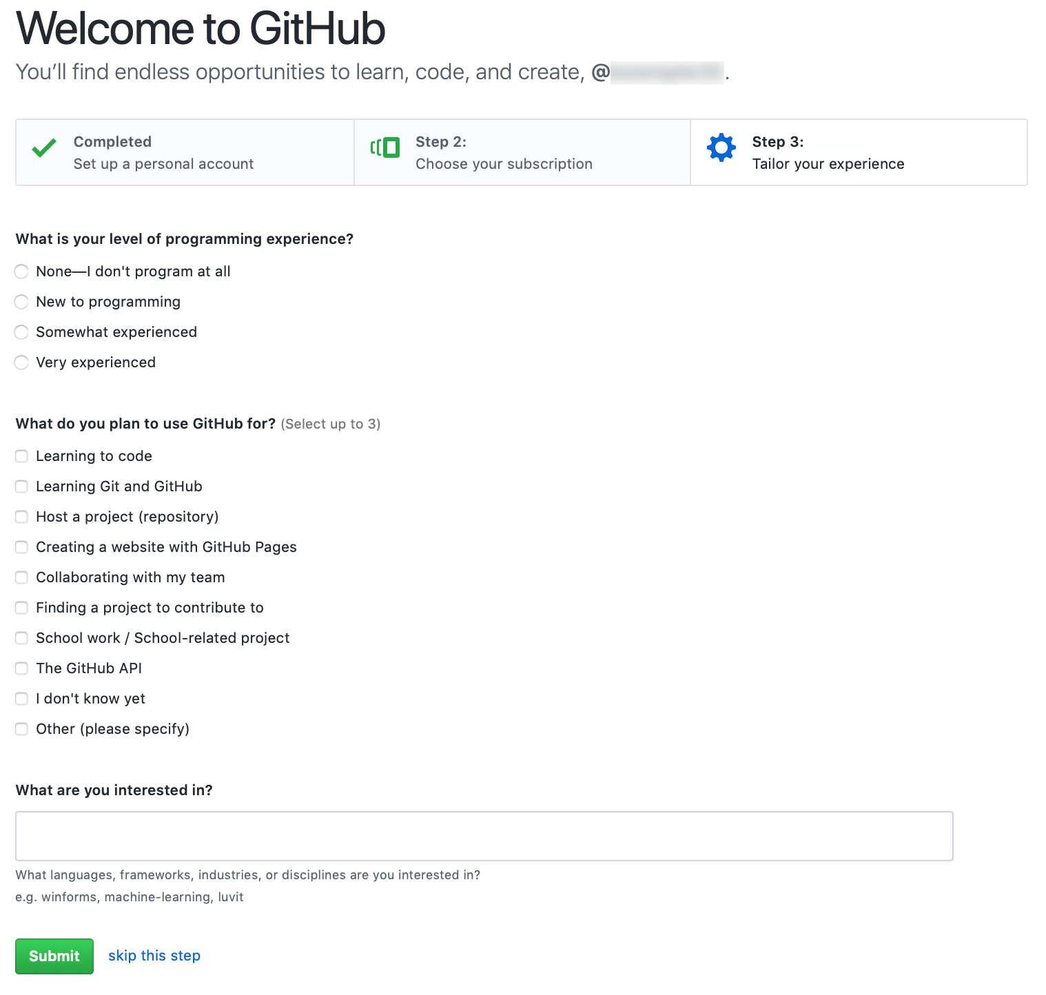 Skip the steps to tailor your experience on GitHub